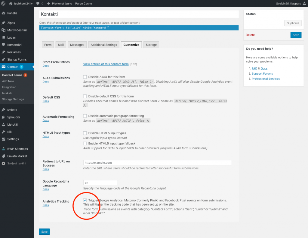 Contact Form 7 Controls plugin settings for enabling Facebook Pixel conversion tracking