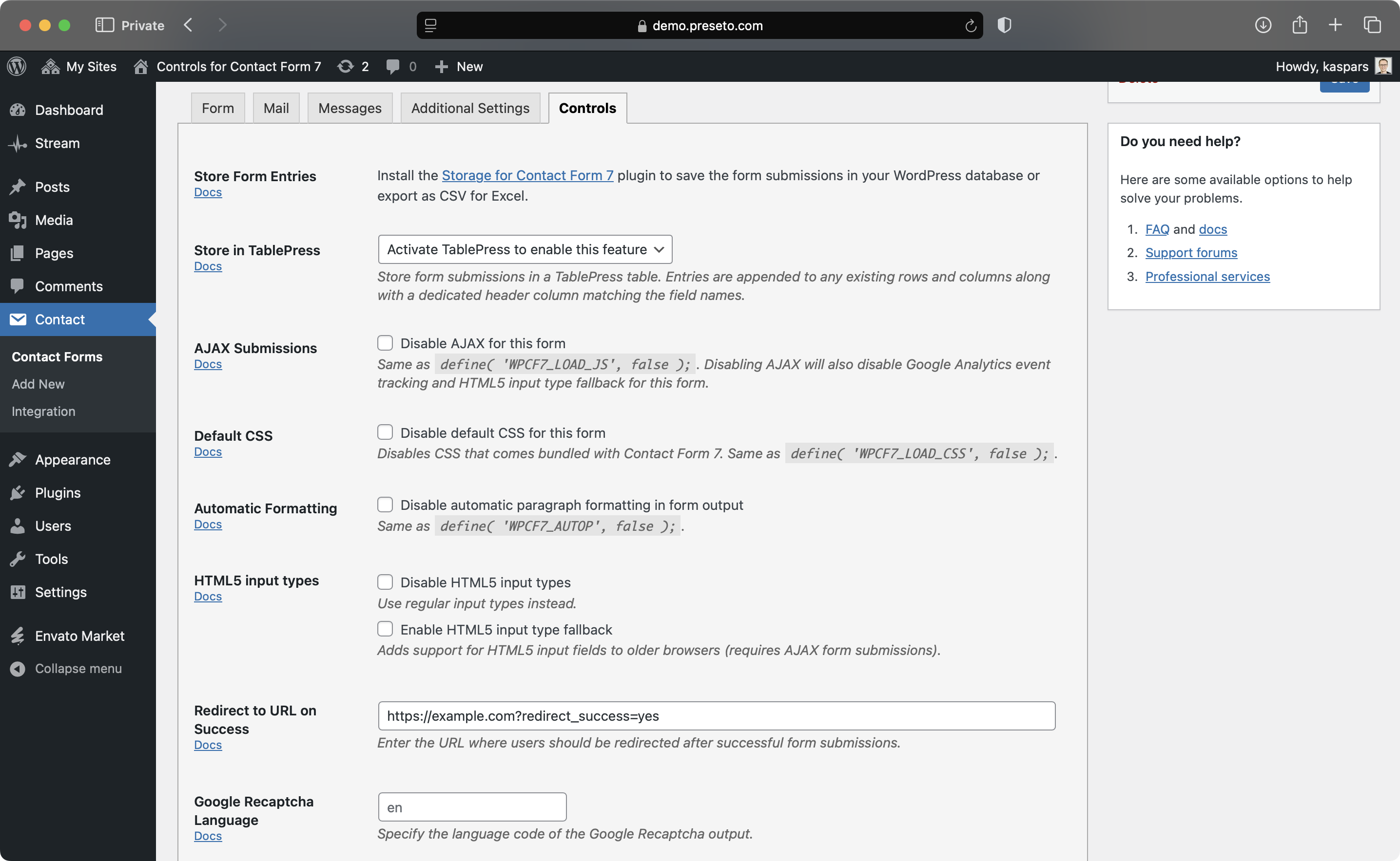 Controls for Contact Form 7 plugin settings