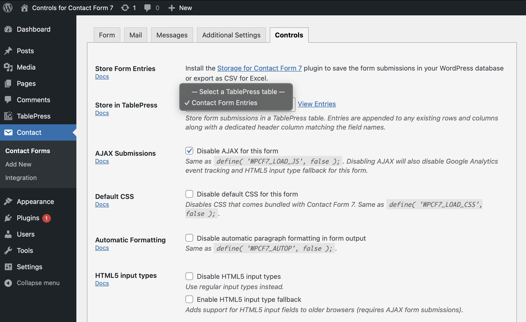 Configure Contact Form 7 to store submissions in TablePress