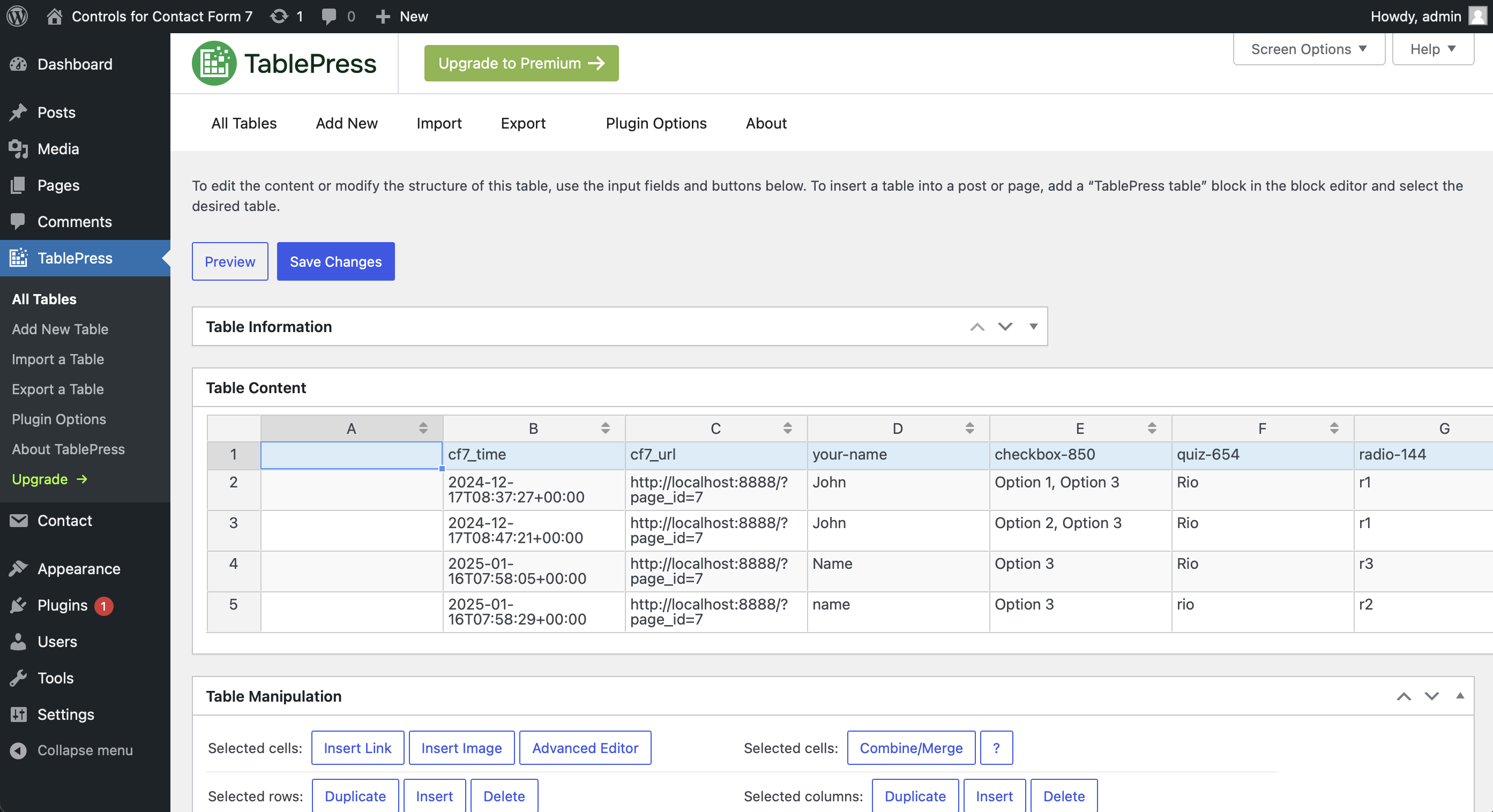 Contact Form 7 submissions stored in TablePress