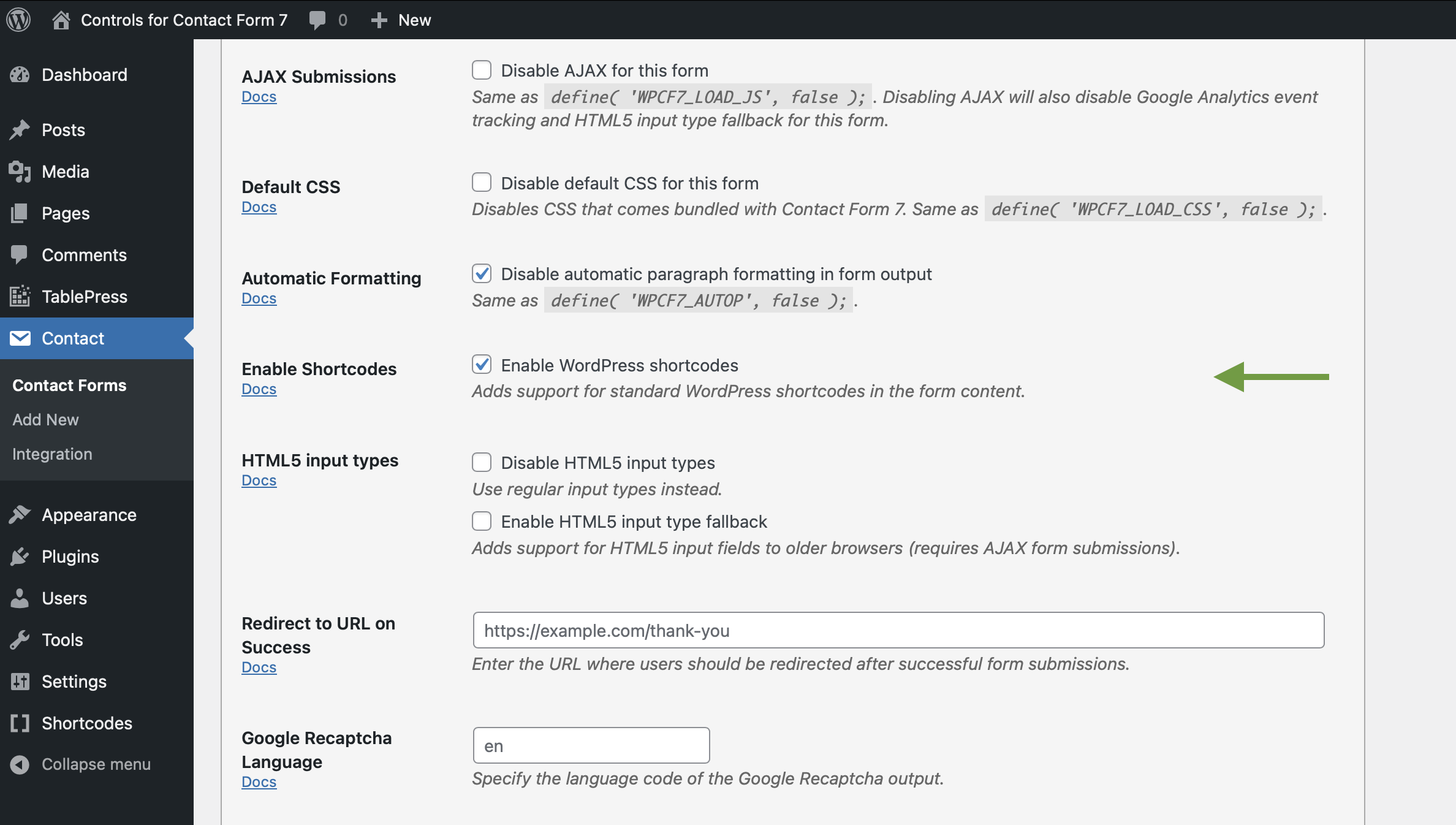 Enable native WordPress shortcodes in Contact Form 7 forms